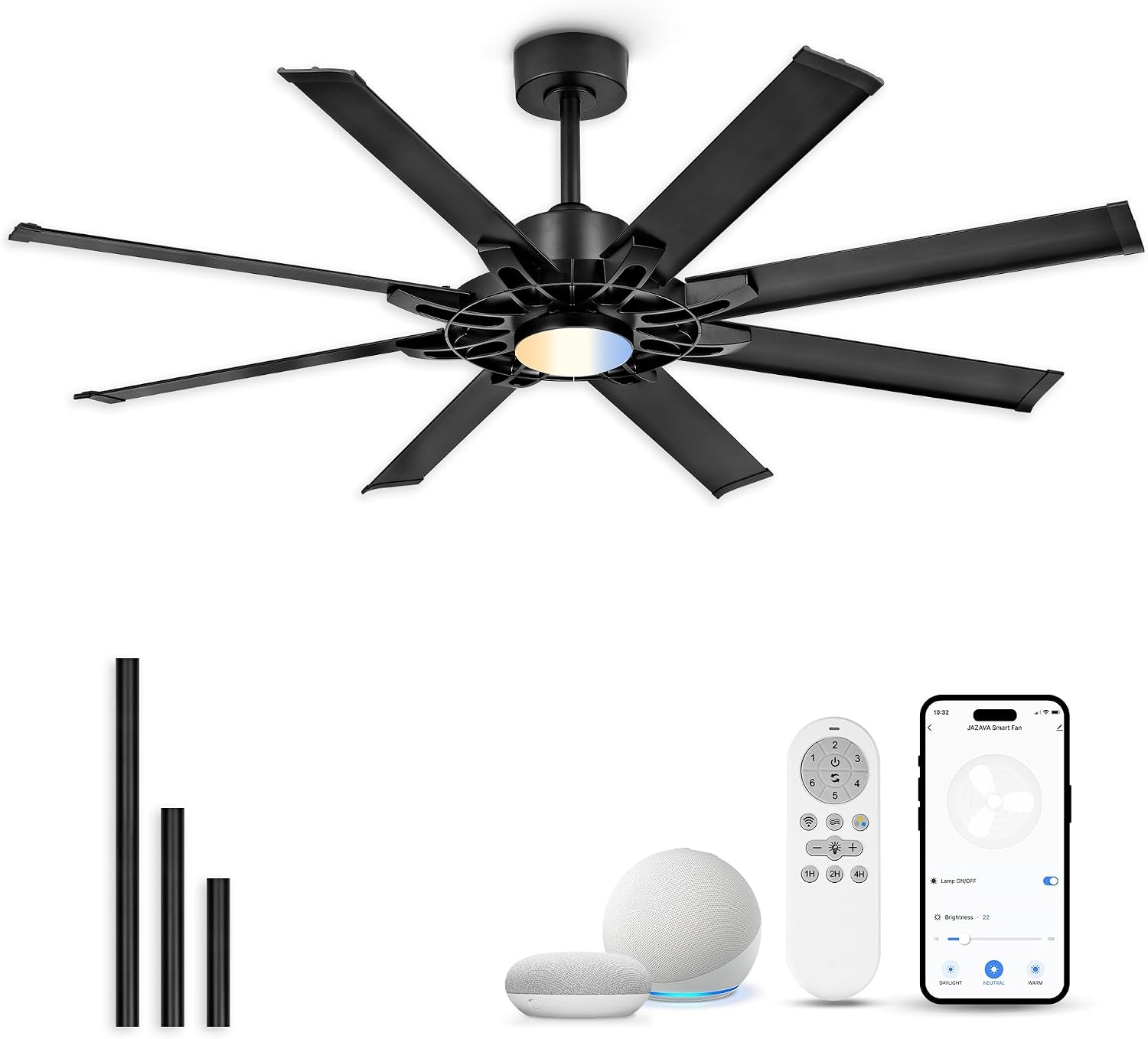 60 Inch Ceiling Fan with Light, Black Indoor Outdoor Ceiling Fan with 8 Aluminium Metal Blades, Smart Fan with Alexa, Modern Quiet Fan for Patio, Garage, Living Room, ZCCF05ABK-60