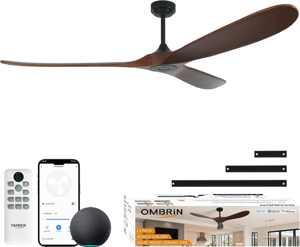 72' Smart Ceiling Fan without Lights, Wood Large Ceiling Fan with Remote Alexa Google App, 3 Blade Propeller for Patios Farmhouse Garage High CFM, Red Walnut