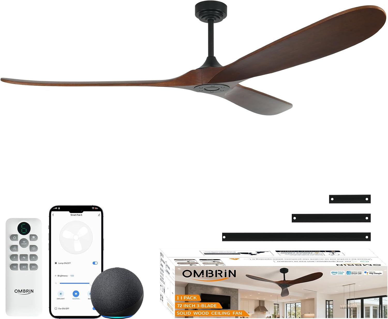 72' Smart Ceiling Fan without Lights, Wood Large Ceiling Fan with Remote Alexa Google App, 3 Blade Propeller for Patios Farmhouse Garage High CFM, Red Walnut