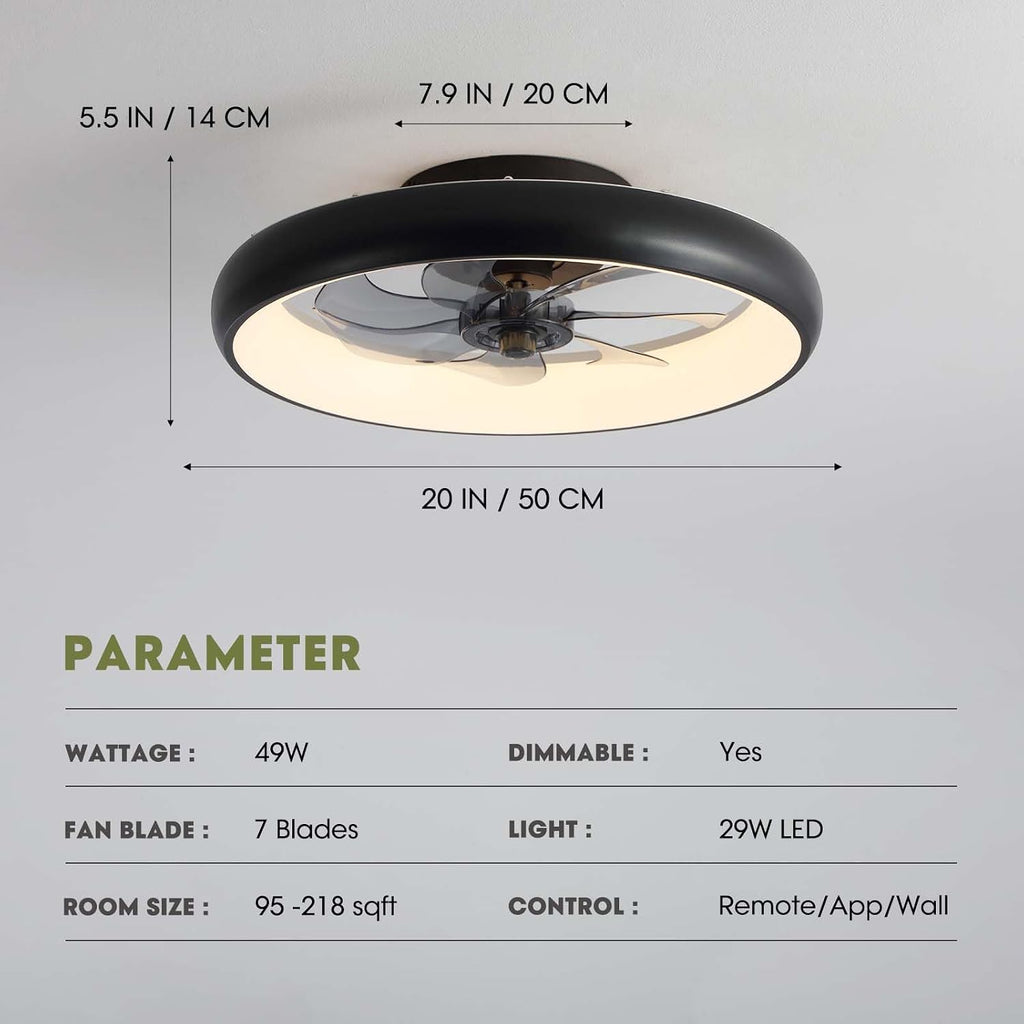 LUDOMIDE Ceiling Fans with Lights 20'' Flush Mount Fan Remote & APP Control Black Low Profile 6 Wind Speeds Smart Dimmable LED for Bedroom Living Room (Y1095-BK-ELE)