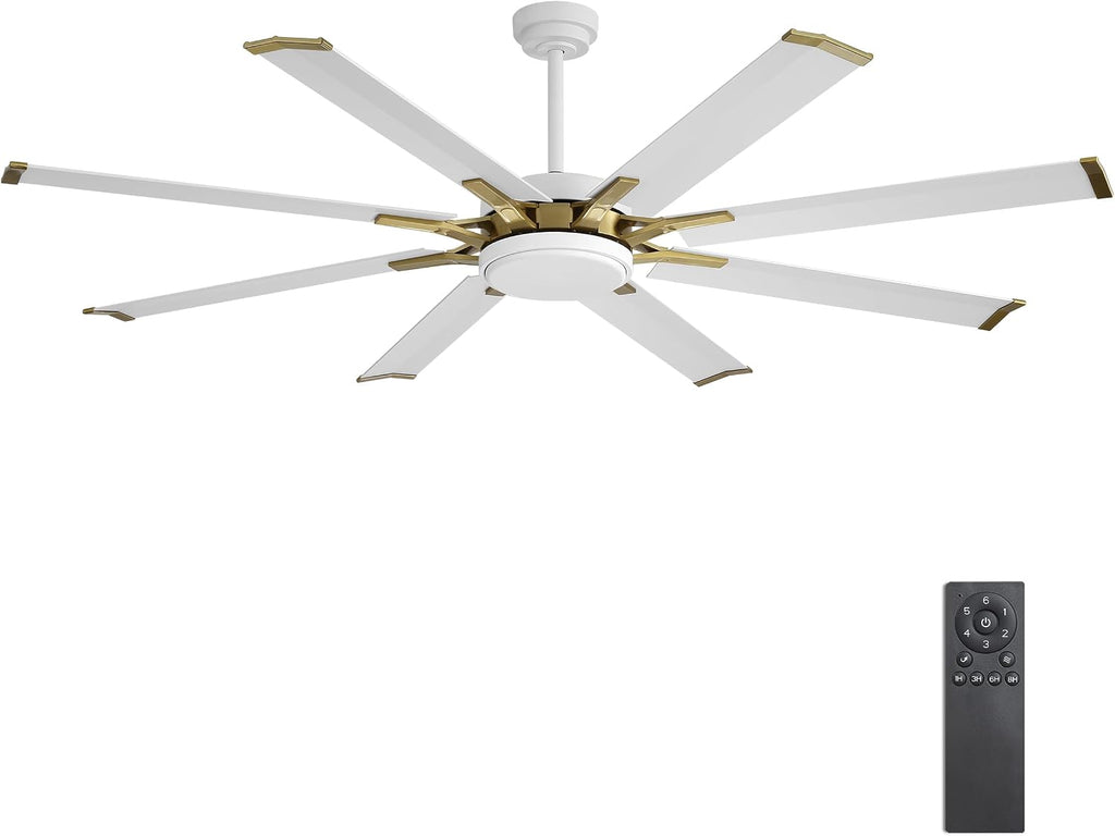 WINGBO 72' Large Industrial Ceiling Fans No Lights, 8 Aluminum Blades, 6-Speed Powerful Brushless DC Motor Reversible, High Volume 9760 CFM at 129 RPM, Commercial and Residential, Brass and White