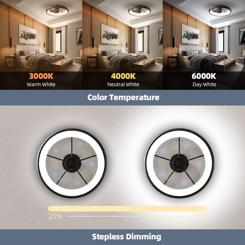 Ceiling Fan with Lights Dimmable LED Reversible Blades Timing with Remote Control, 5 Invisible Blades Semi Flush Mount Low Profile Fan (21.5in, Brown)