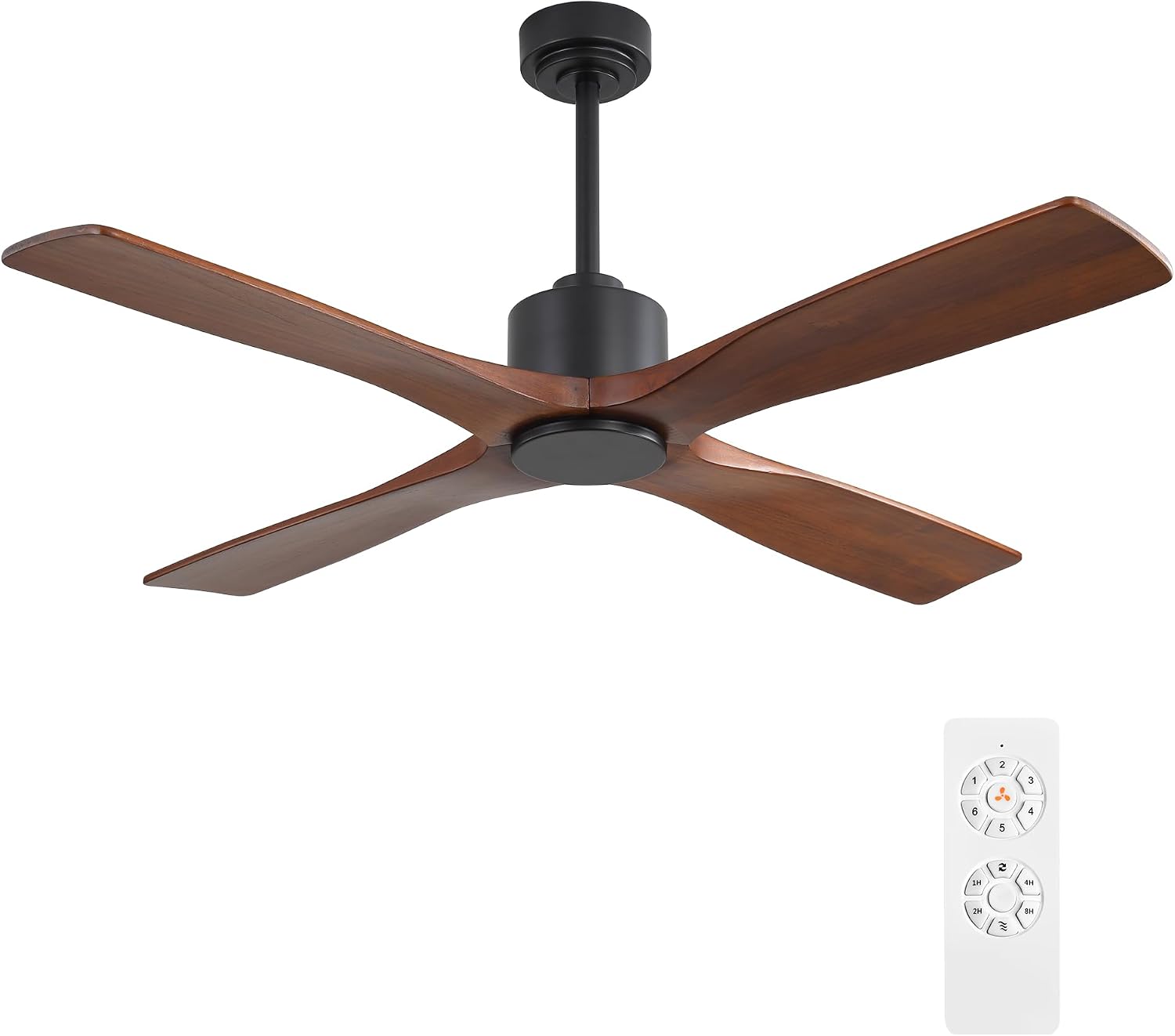 WINGBO 48 Inch DC Ceiling Fan without Lights, 4 Carved Solid Wood Blades, 6-Speed Noiseless Reversible DC Motor, Modern Ceiling Fan No Light with Remote, Black Finish with Walnut Blades, ETL Listed