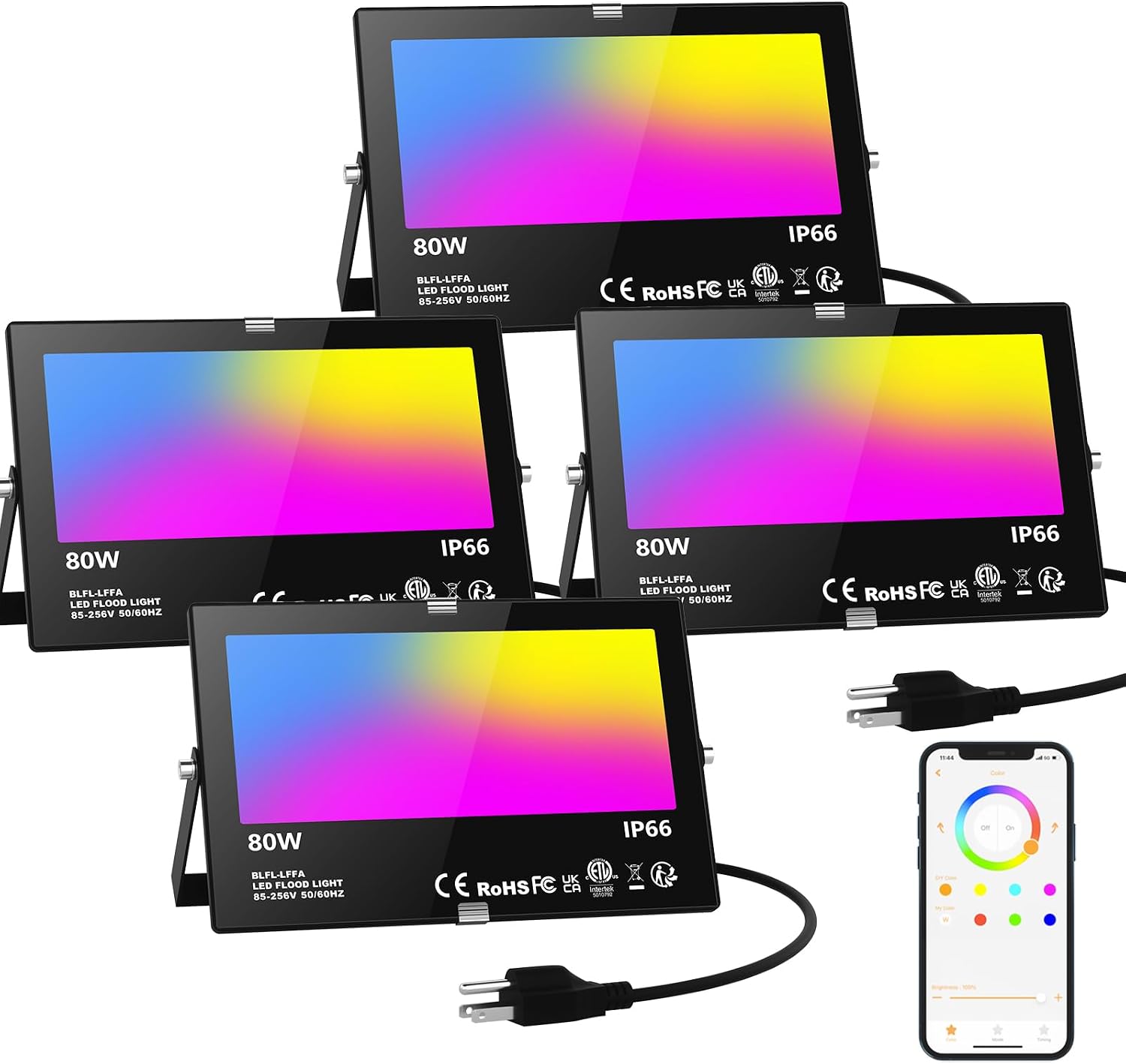 LED Flood Light Outdoor 800W Equivalent 8000LM, Smart RGB Color Changing Landscape Lighting with APP Control, IP66 Waterproof Outdoor LED Lights Daylight 5700K, DIY Scenes, Timing Floodlights, 4 Pack