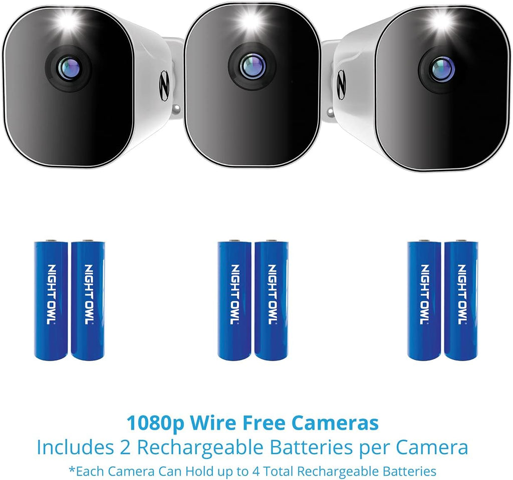 Night Owl 10 Channel Bluetooth Video Home Security Camera System with 3 Battery Powered 1080p HD Wire Free Indoor/Outdoor Cameras with 2-Way Audio and 1TB Hard Drive (Expandable up to 10 Cameras)