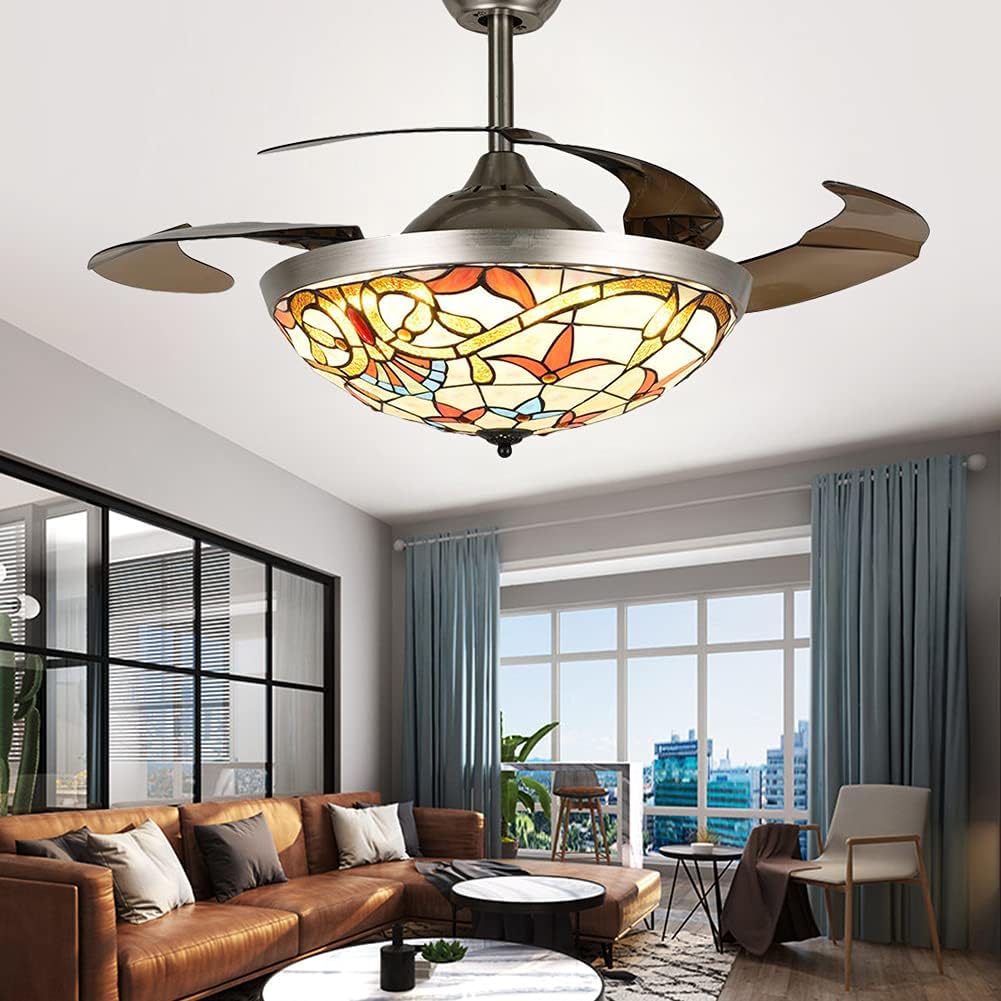 Fandian 42' Ceiling Fan with Lights Remote Control Modern Retractable Chandelier, 3 Color Lighting with Stained Glass shade Fandeliers Fixtures for Living/Bedroom