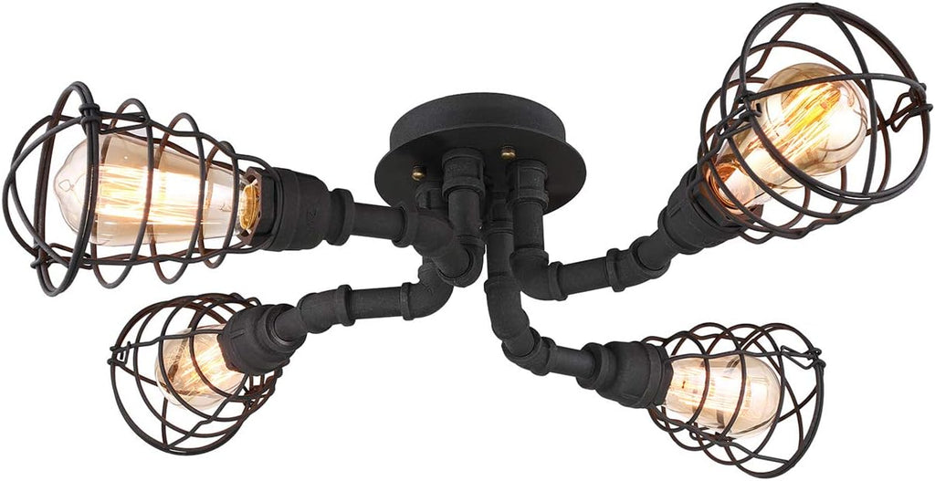 LITFAD Wrought Iron Pipe Semi Flush Light Industrial Wire Guard 4 Lights Ceiling Light Vintage Pendant Cage Lighting Edison Ceiling Chandelier in Black Finish for for Living Room Restaurant Cafe Bar