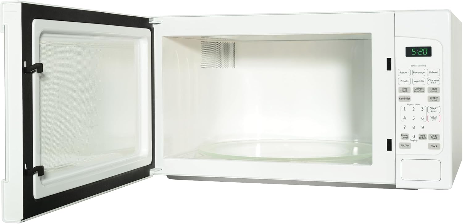 GE Countertop Microwave Oven,1, 200-watt Capacity, 2.0 Cubic Ft., 6 Auto Cooking Settings, Child-Lock Technology, Kitchen Essentials for Countertop, Dorm Room or Apartment, White, GCST20S1WWW