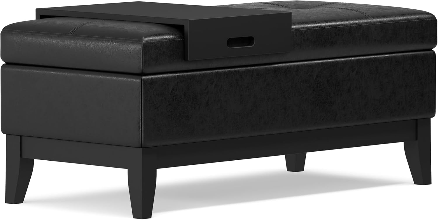SIMPLIHOME Oregon Storage Ottoman Bench with Tray - 42 inch Wide Upholstered Vegan Leather Rectangle Ottoman Bench in Distressed Black, Transitional Tufted Ottoman for Living Room with Lift-Up Lid