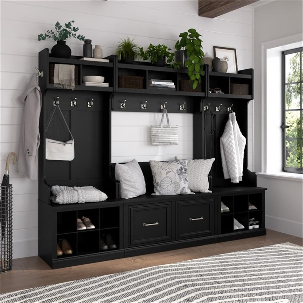 Bush Furniture Woodland 24W Small Shoe Bench with Drawer in Black Suede Oak | Narrow Footwear Organizer for Home Entryway, Mudroom, and Foyer