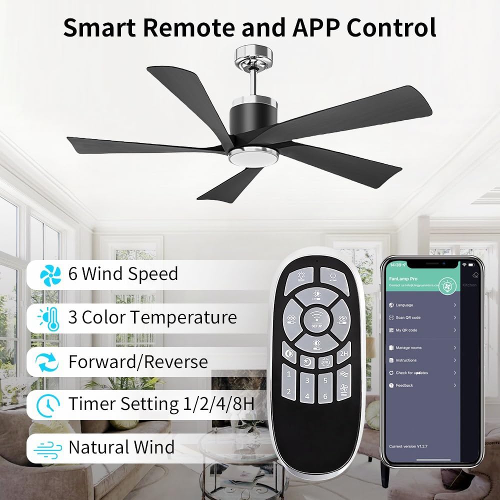 TXCSLY 52'' Ceiling Fans with Lights, Modern Ceiling Fan with Remote Control, Indoor Outdoor Ceiling Fan for Living Room,Bedroom 5 Blade 3 Color Tempearture (Black)
