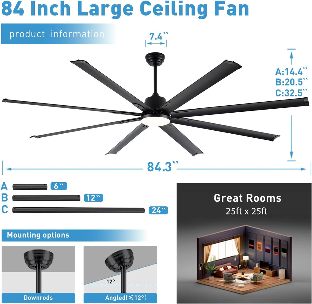 Minislak 84 lnch lndustrial Celing Fan with Light and Remote Control,Large Celing Fan with 8 Black Aluminum Blades,6 Speed Noiseless DC Motor,Wet Rated Indoor Outdoor Ceiling Fans for Patio,exterior.