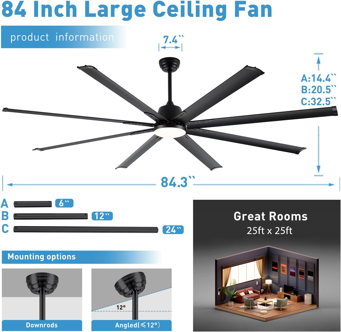 Minislak 84 lnch lndustrial Celing Fan with Light and Remote Control,Large Celing Fan with 8 Black Aluminum Blades,6 Speed Noiseless DC Motor,Wet Rated Indoor Outdoor Ceiling Fans for Patio,exterior.