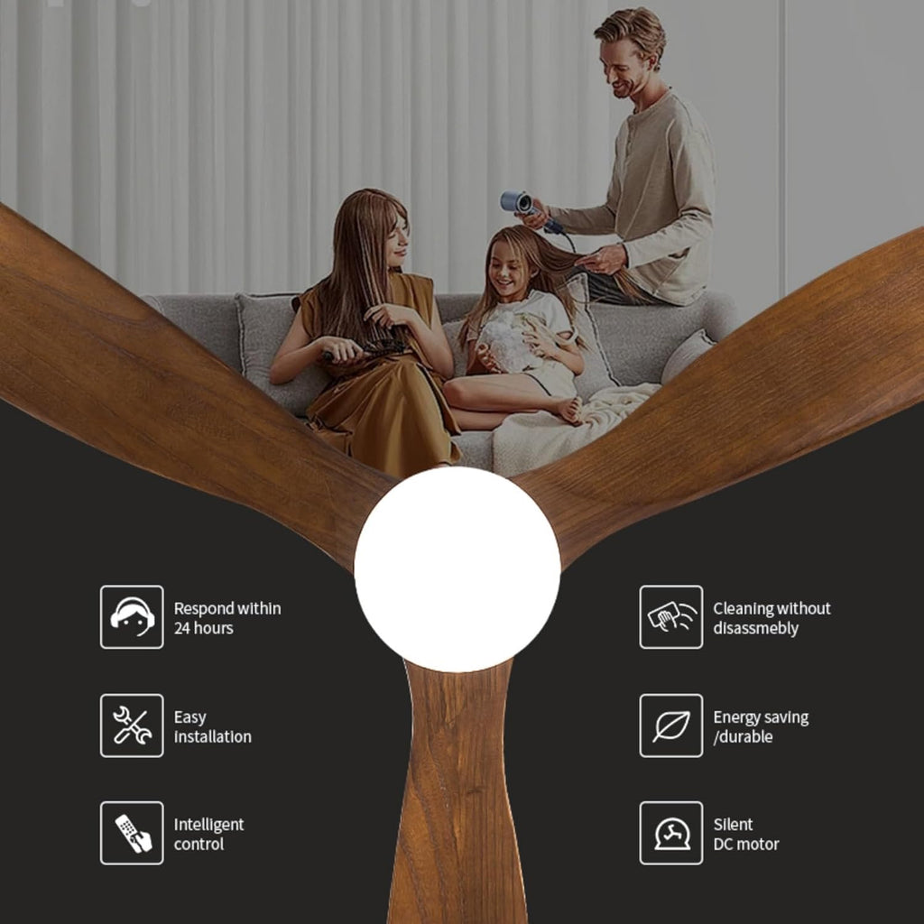 Solid Wood Ceiling Fan with Lights Modern Indoor Outdoor Ceiling Fan with Remote Control 6 Speed Quiet Reversible DC Motor 3 Color LED Light 3 Blade Walnut Ceiling Fan for Patio Living Room (48inch)
