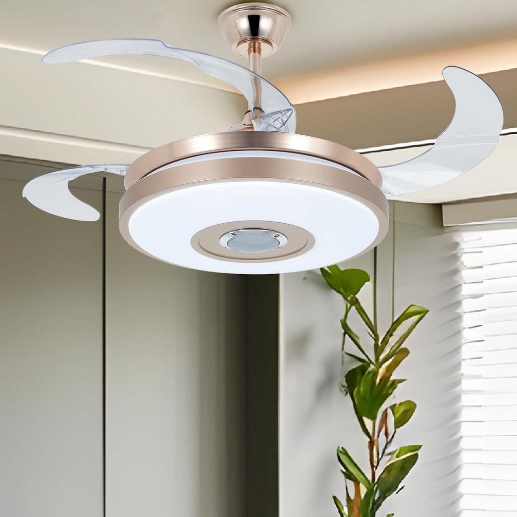 42' Modern Smart Bluetooth Ceiling Fans with Lights and Remote Control, Rose Gold Retractable Chandelier Fan Lighting with Speaker Play Music 7 Colorful Dimmable Fixture for Living Room