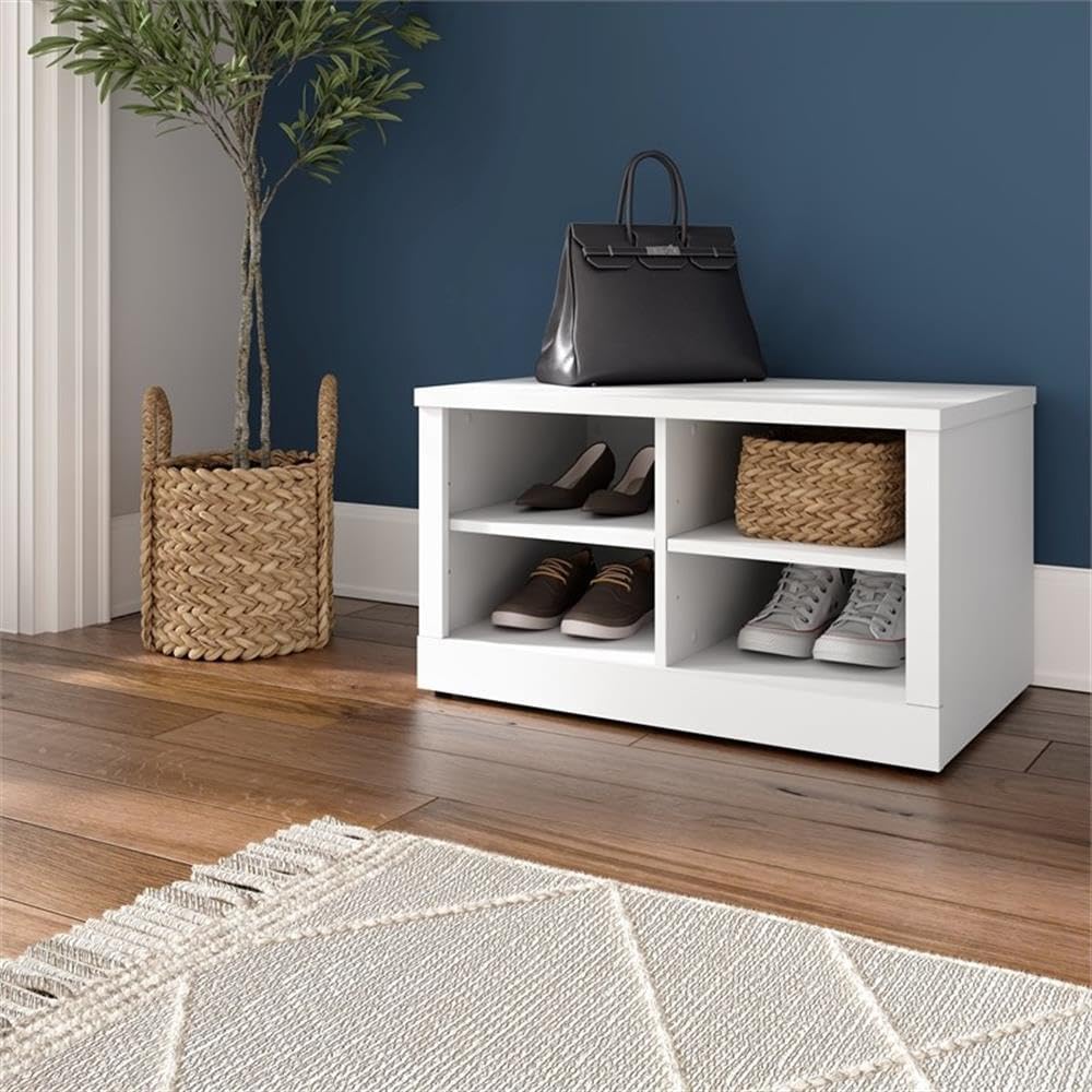 Bush Home Hampton Heights 30W Shoe Storage Bench in White, Narrow Footwear Organizer for Home Entryway, Mudroom, and Foyer