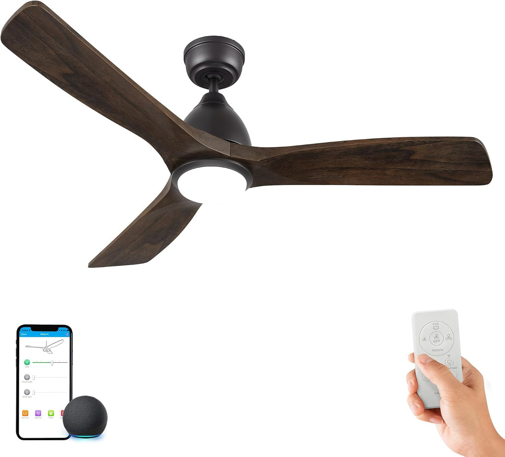 48' Smart Low Profile Ceiling Fans with Dimmable Lights Remote,Quiet BLDC Motor,Outdoor Indoor Downrod Mount Ceiling Fan,Control with WIFI Alexa App,3 Walnut Solid Wood Blades,for Modern Bedroom
