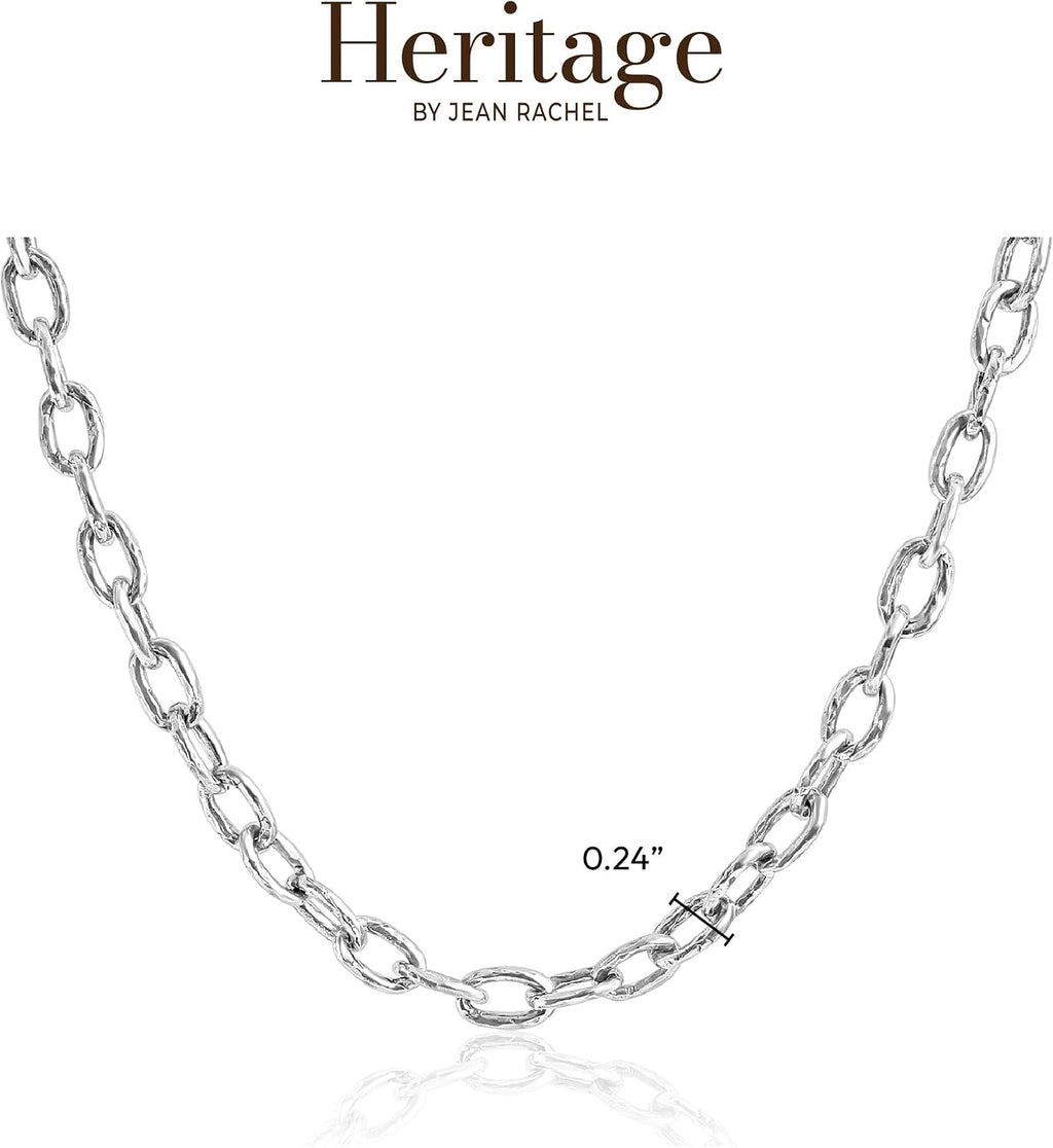 JEAN RACHEL JEWELRY Men's Solid 925 Sterling Silver Hammered Cable Chain Necklace - Heavy Oxidized Links - Antique Finish