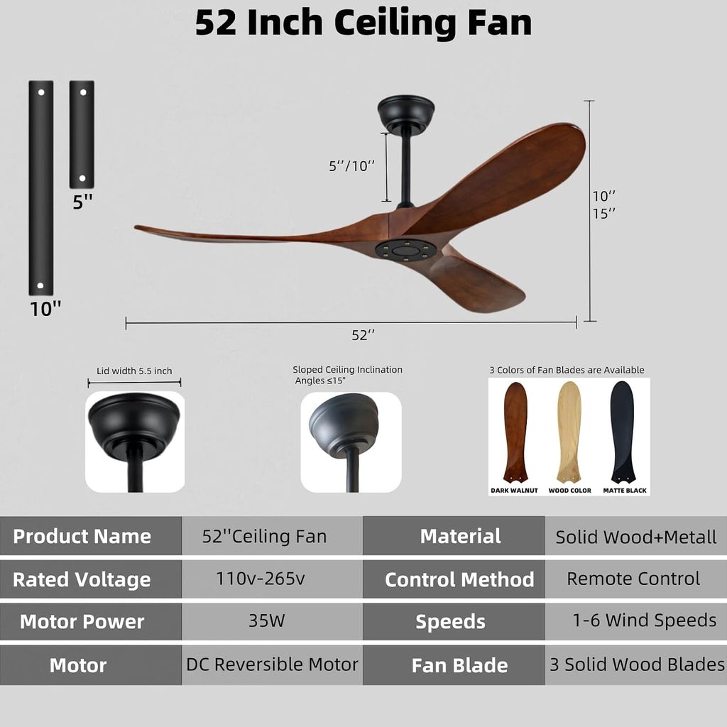 52 Inch Solid Wood Ceiling Fan, 3 Blades, Reversible DC Motor, Ultra Silent Dark Walnut Lampless Ceiling Fan for Living Room, Bedroom, Dining Area, Outdoor Patio(Dark Walnut, 52 inch)