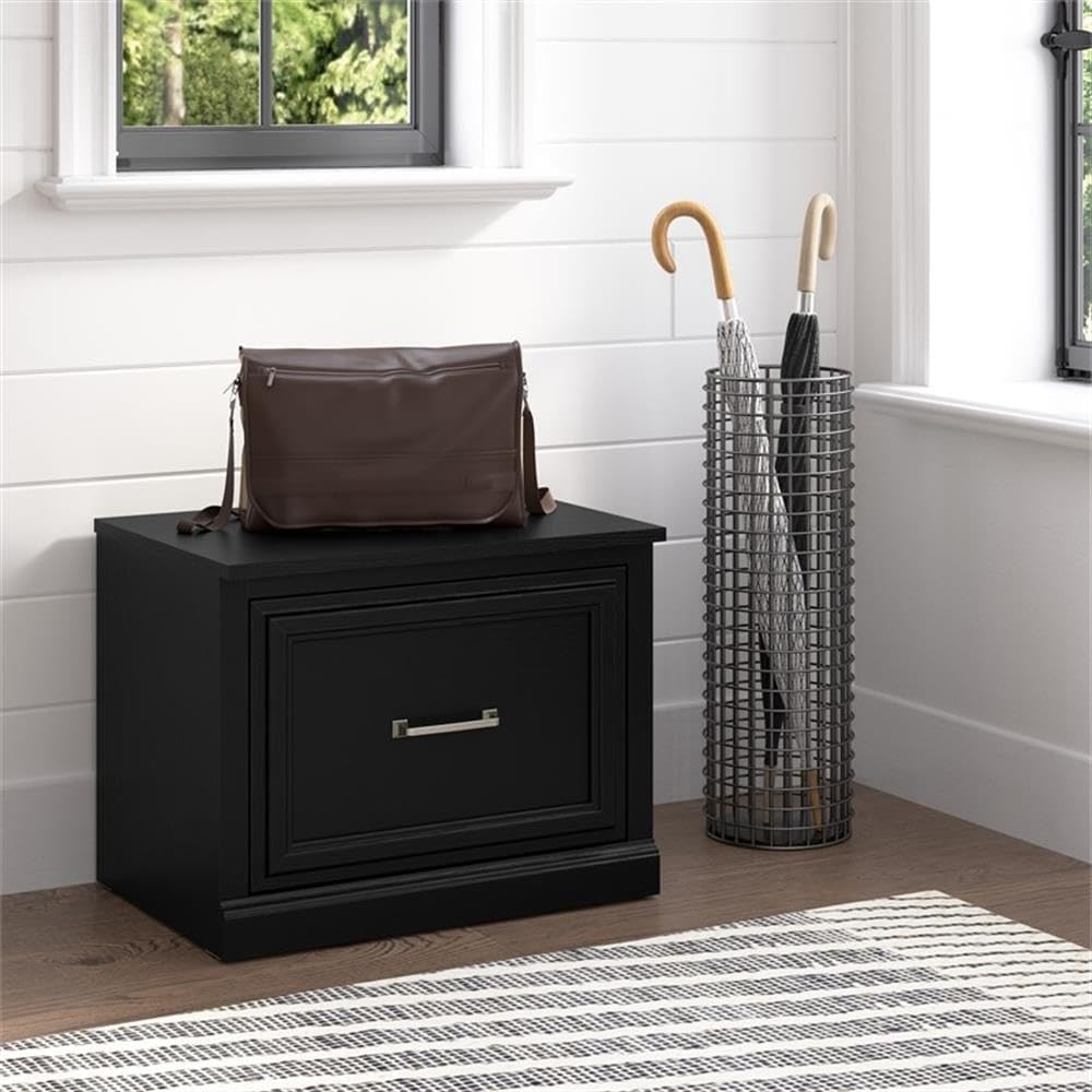 Bush Furniture Woodland 24W Small Shoe Bench with Drawer in Black Suede Oak | Narrow Footwear Organizer for Home Entryway, Mudroom, and Foyer