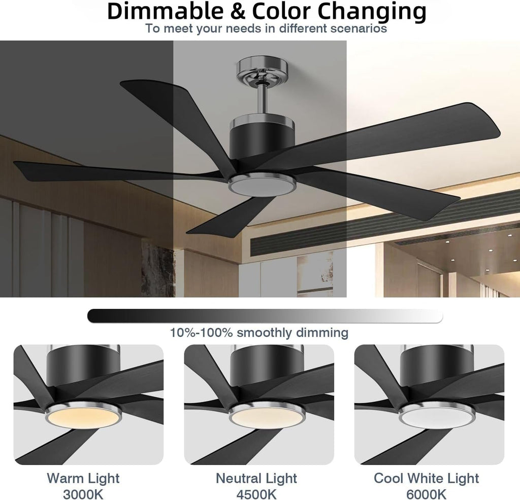 TXCSLY 52'' Ceiling Fans with Lights, Modern Ceiling Fan with Remote Control, Indoor Outdoor Ceiling Fan for Living Room,Bedroom 5 Blade 3 Color Tempearture (Black)