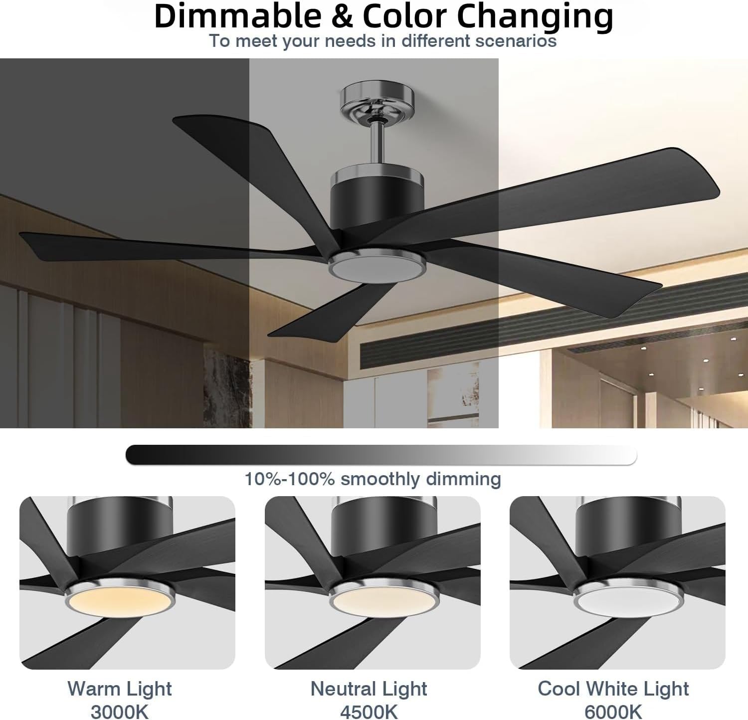 TXCSLY 52'' Ceiling Fans with Lights, Modern Ceiling Fan with Remote Control, Indoor Outdoor Ceiling Fan for Living Room,Bedroom 5 Blade 3 Color Tempearture (Black)