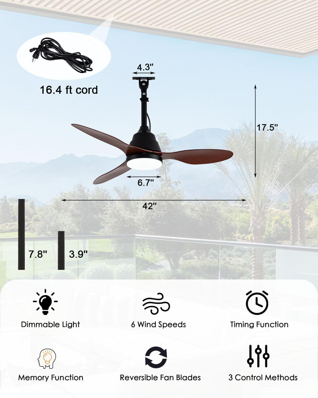 Waterproof Outdoor Ceiling Fan with Lights, IP65 Hanging Gazebo Fan with App/Remote Control, Plug in Ceiling Fan Light for Porch, Patio (Wood)