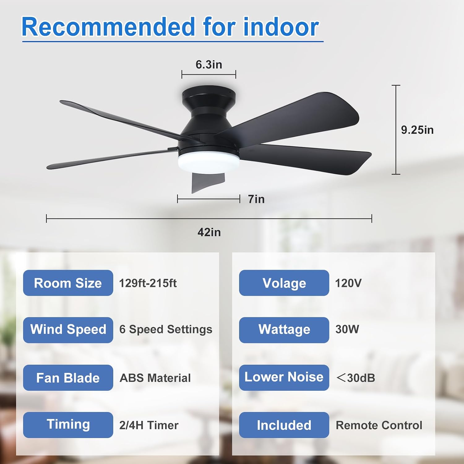 Depuley 42-Inch Ceiling Fans with Lights: Flush Mount Ceiling Fan with Remote Control Indoor/Outdoor- Black 5 Blade Low Profile Fandelier for Kitchen Gazebo - Reversible Quiet Timer - 2 Packs