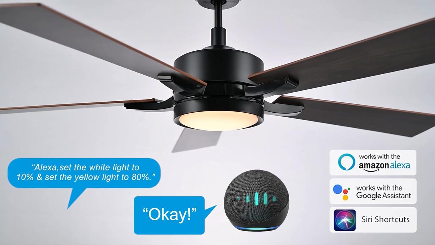 SMAFAN 52' Ceiling Fan with Light and Remote, 10 Speeds Reversible DC Motor Outdoor Ceiling Fan, 3 Light Colors Dimmable, Compatible with Alexa, Siri & Google Home, Dark Walnut & Reddish brown