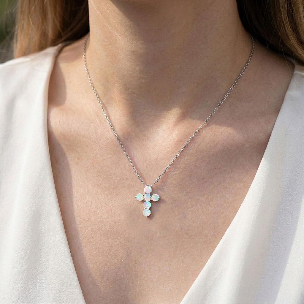 GOODSTONE JEWELS 925 Sterling Silver Cross Pendant Necklace for Women | Size 16+2 Inch Cable Chain with Lobster Clasp | Natural Birthstone Jewelry Gift for Her
