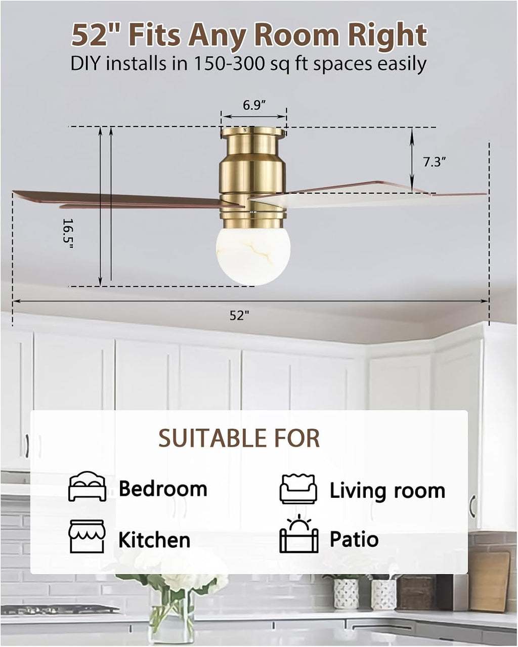 52' Low Profile Ceiling Fan with Light, Modern Flush Mount Brushed Gold Ceiling Fan Remote, Dimmable LED 3 Color Temp, Quiet Reversible DC Motor, Dual-Finish White/Walnut Blades
