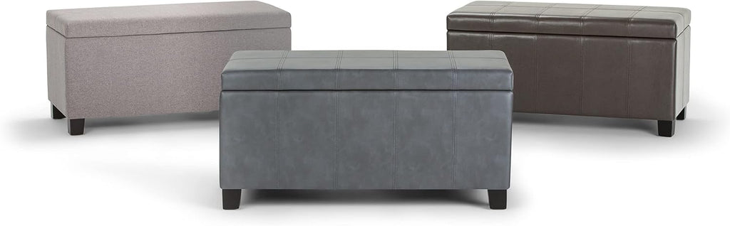 SIMPLIHOME Dover Storage Ottoman Bench - 36 inch Wide Upholstered Vegan Leather Rectangular Lift-Top Ottoman in Chocolate Brown, Contemporary Bench for Living Room with Safety Hinges