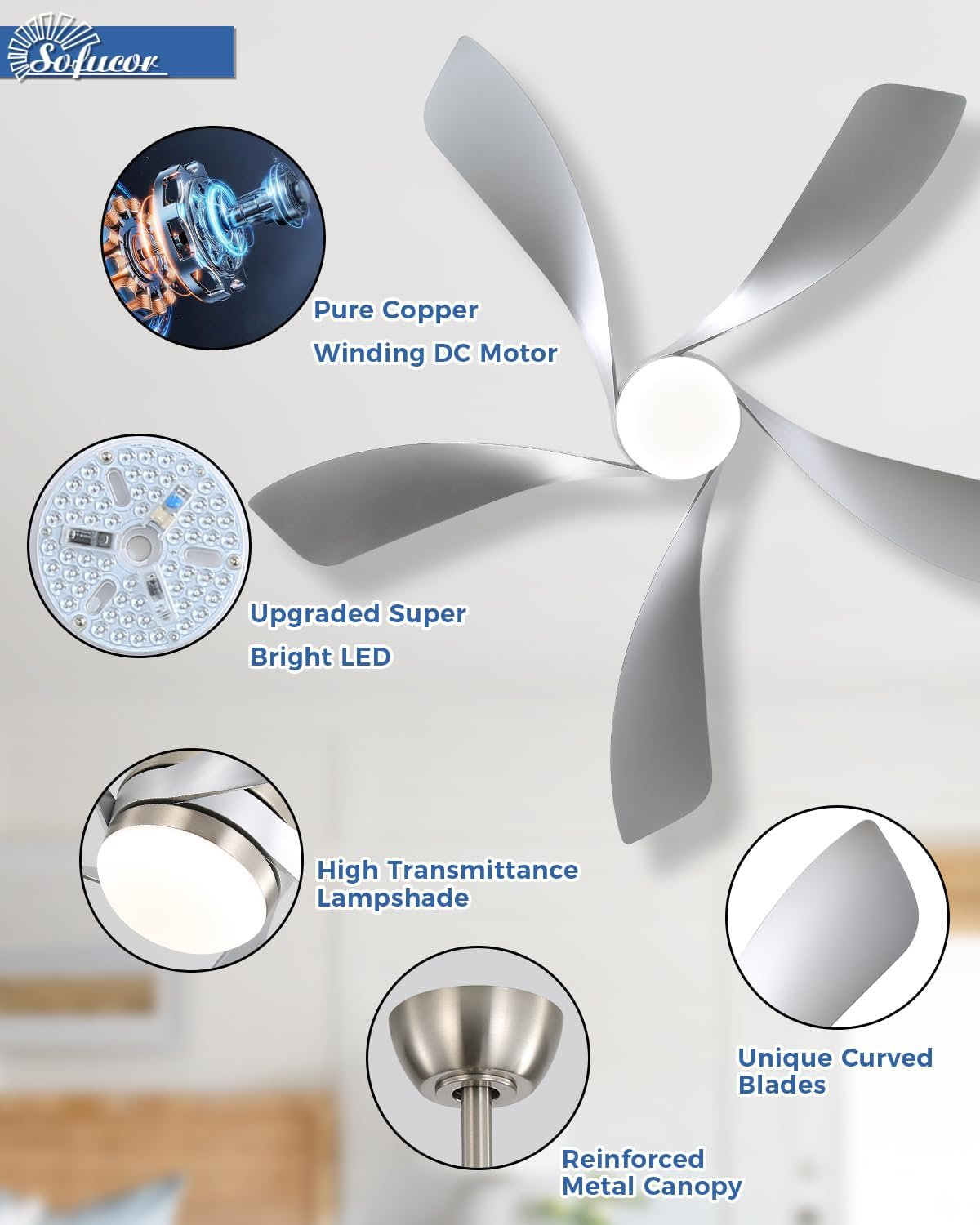 Sofucor 52' Smart Ceiling Fan, Indoor/Outdoor Ceiling Fans with Lights and Remote, Compatible with Alexa/Google/App, 3-Color Light 6-Speed Timing Reversible DC Motor for Bedroom Living Room Patio