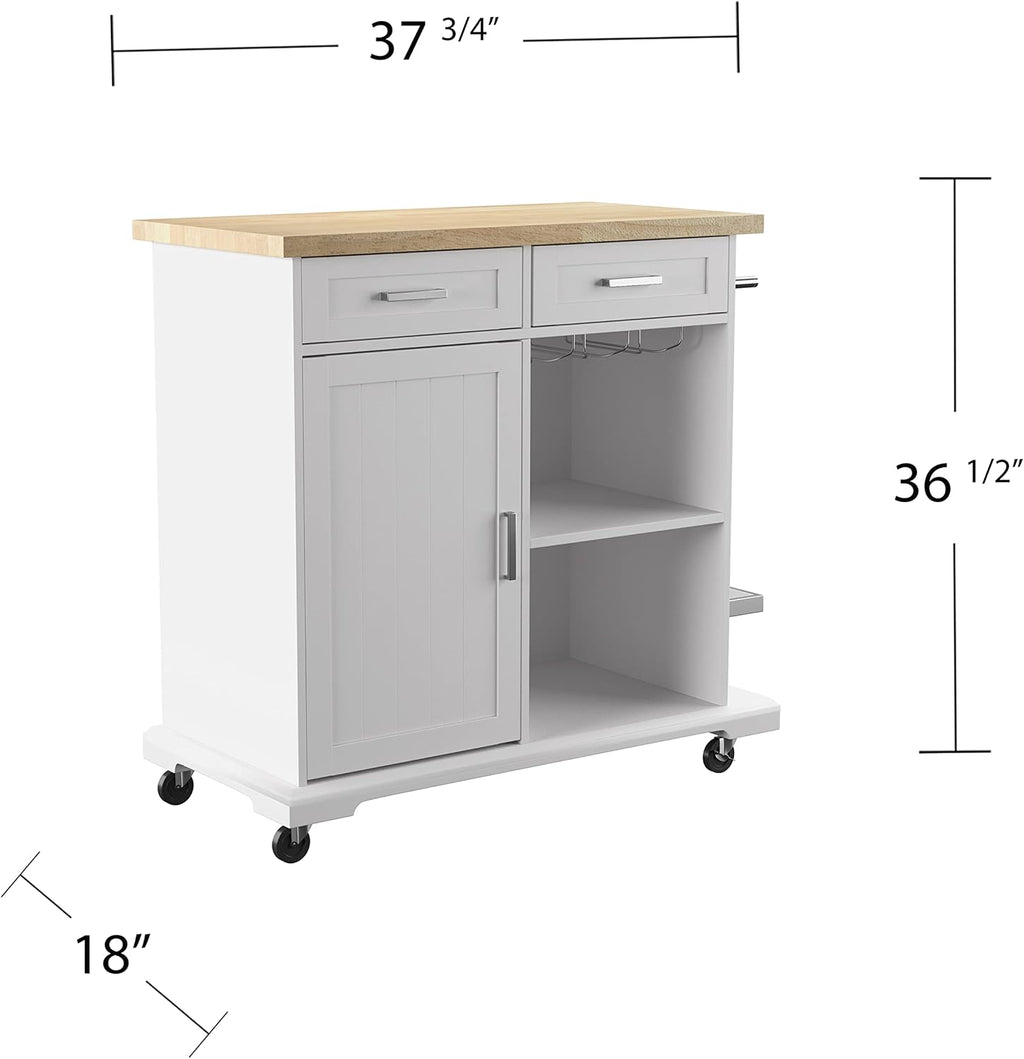 SEI Furniture - Warkin Rolling Kitchen Island with Storage - Transitional Design, White Glass and Wood - Ideal for Kitchen, Dining Room (KA1133961)