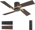WINGBO 48 Inch Flush Mount Ceiling Fan without Light - 4 Plywood Blades, 6-Speed Reversible DC Motor, Noiseless Low Profile Ceiling Fan No Light for Bedroom Living Room, Gold and Black/Walnut