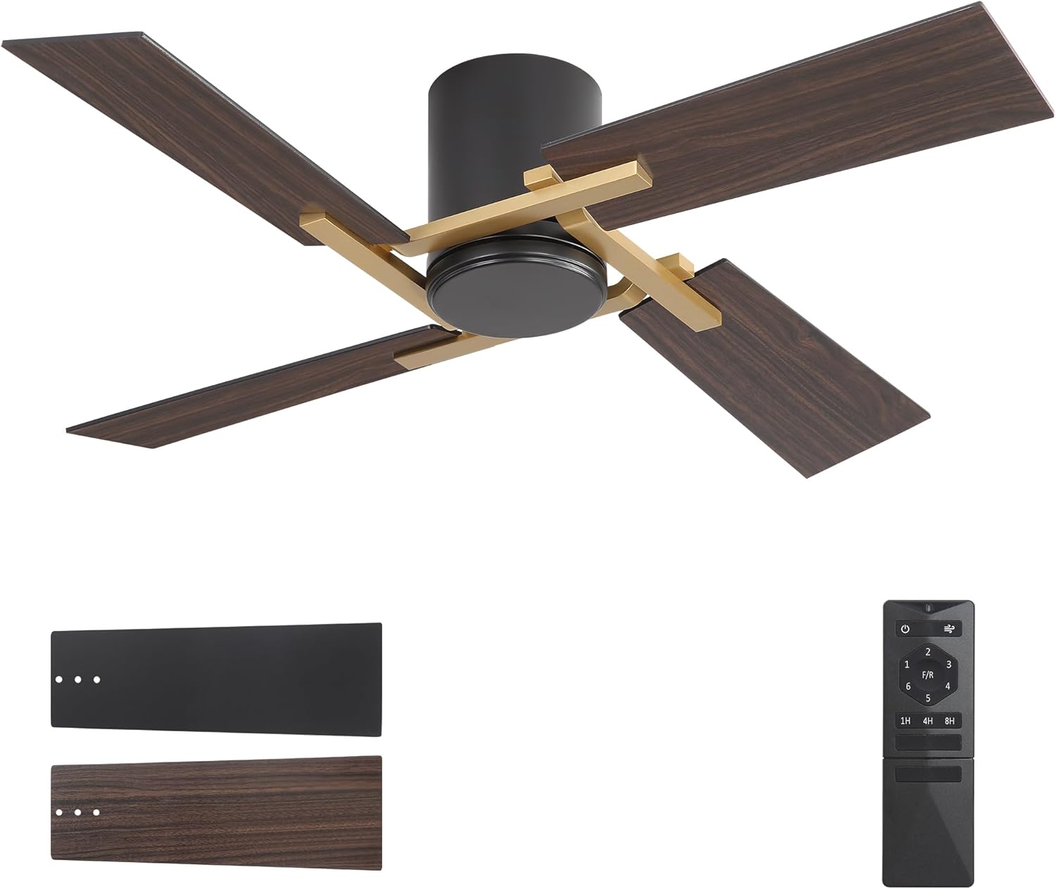 WINGBO 48 Inch Flush Mount Ceiling Fan without Light - 4 Plywood Blades, 6-Speed Reversible DC Motor, Noiseless Low Profile Ceiling Fan No Light for Bedroom Living Room, Gold and Black/Walnut