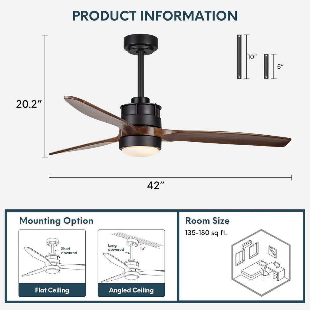 EKIZNSN 42 Inch Wet Rated Outdoor Ceiling Fan with Lights for Patios Waterproof Outdoor and Indoor use, DC Motor w 3 Reversible Walnut Wood Blades | Wet Rated Waterproof, DC Motor, 3 Reversible Walnut Wood Blades, Indoor and Outdoor Use