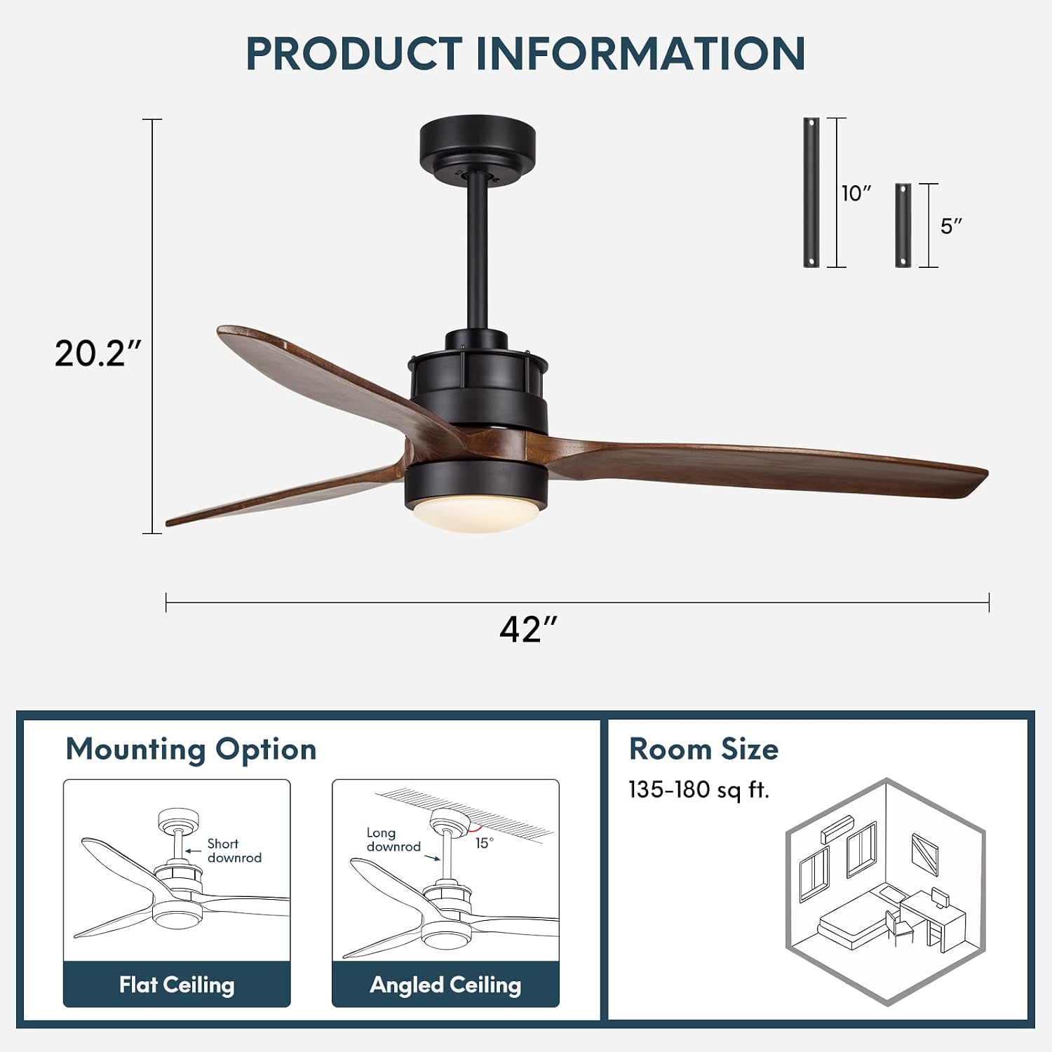 EKIZNSN 42 Inch Wet Rated Outdoor Ceiling Fan with Lights for Patios Waterproof Outdoor and Indoor use, DC Motor w 3 Reversible Walnut Wood Blades | Wet Rated Waterproof, DC Motor, 3 Reversible Walnut Wood Blades, Indoor and Outdoor Use