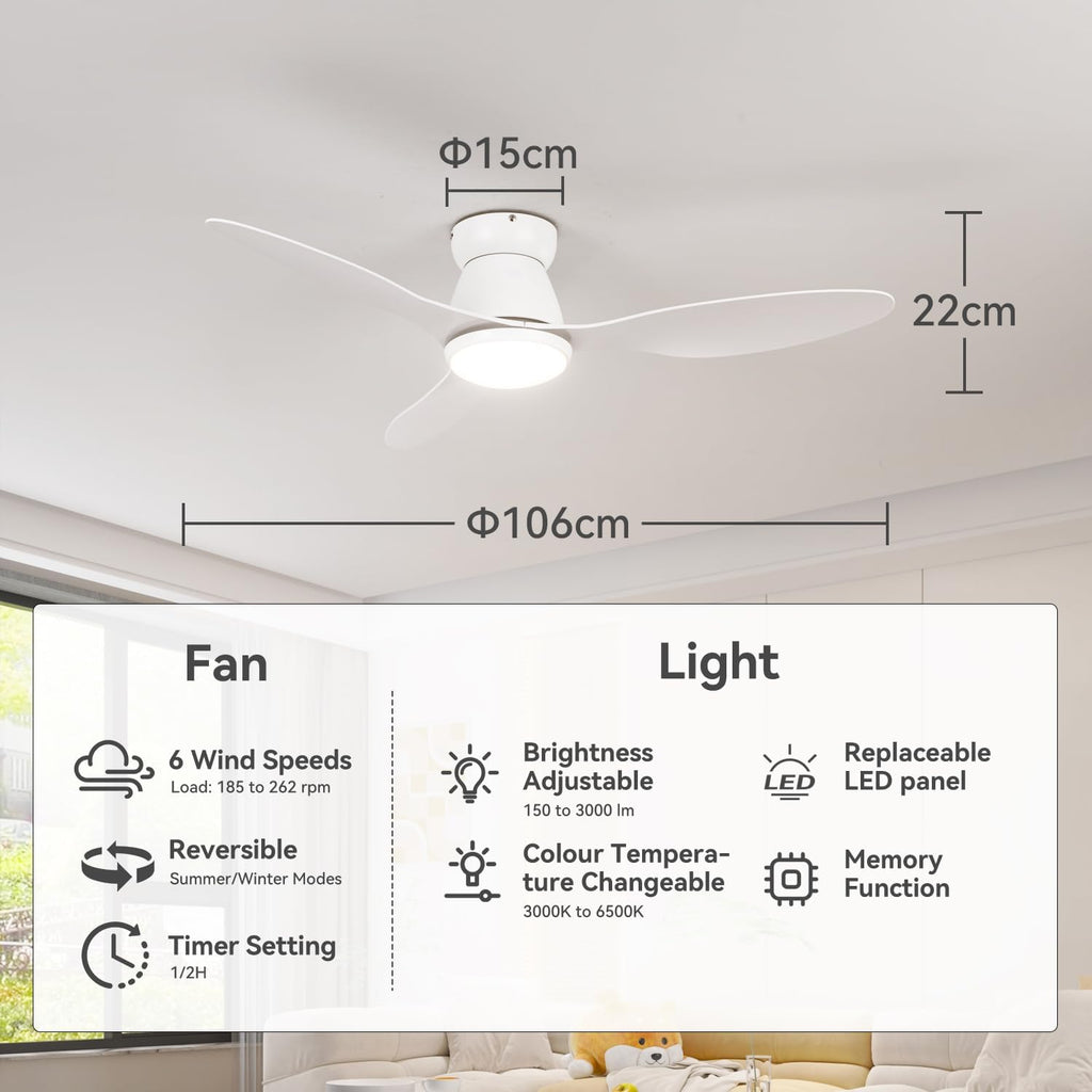 42' Smart Ceiling Fan with Lights - Alexa Compatible Quiet Dimmable LED 3000lm 6-Speed Reversible Ideal for Bedroom Kitchen & Living Room White Wood Grain Finish (White + Wood Grain)