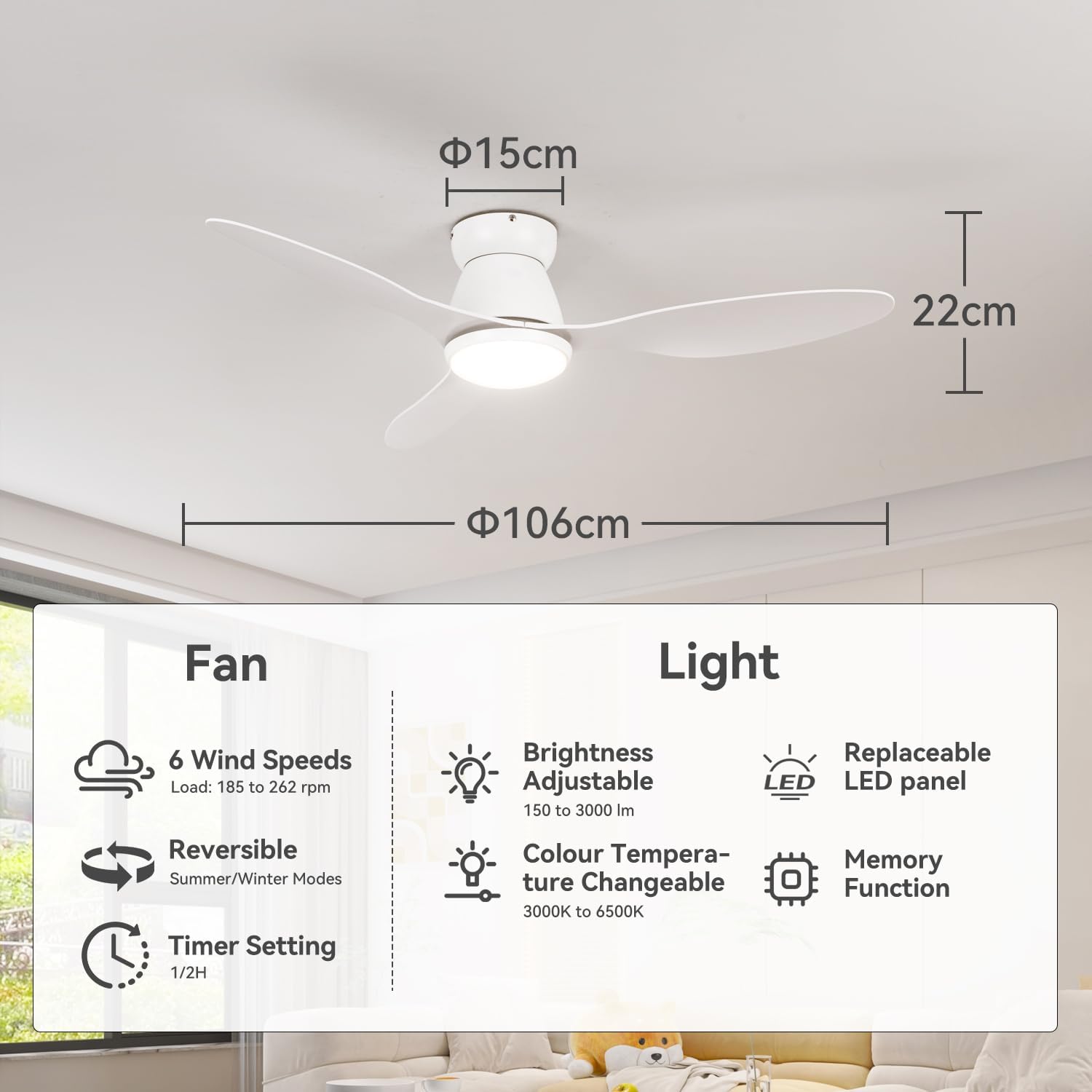42' Smart Ceiling Fan with Lights - Alexa Compatible Quiet Dimmable LED 3000lm 6-Speed Reversible Ideal for Bedroom Kitchen & Living Room White Wood Grain Finish (White + Wood Grain)