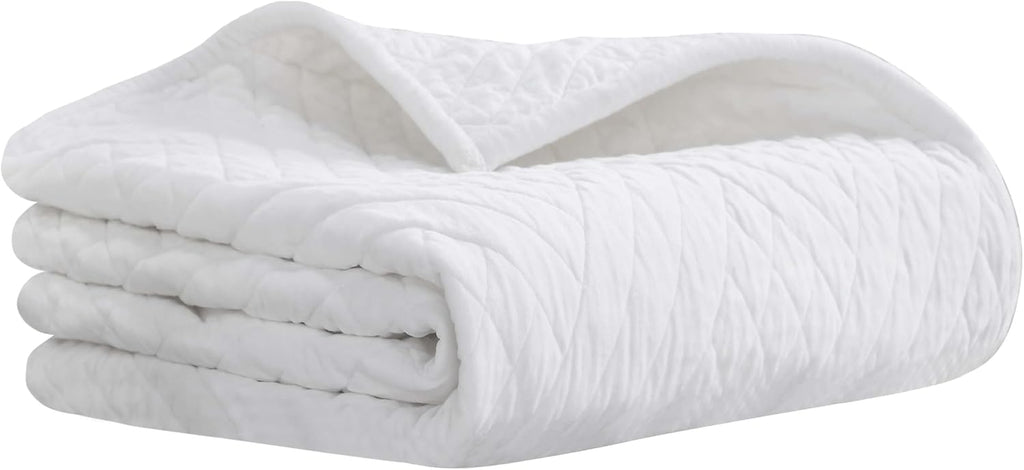 Superior 100% Cotton Velvet Quilt, 1 Lightweight Breathable Coverlet, Luxury Home Decor, Comfy Home Essential Bedding, Cotton Fill, Geometric Aesthetic, Karina Collection, Throw Size, White