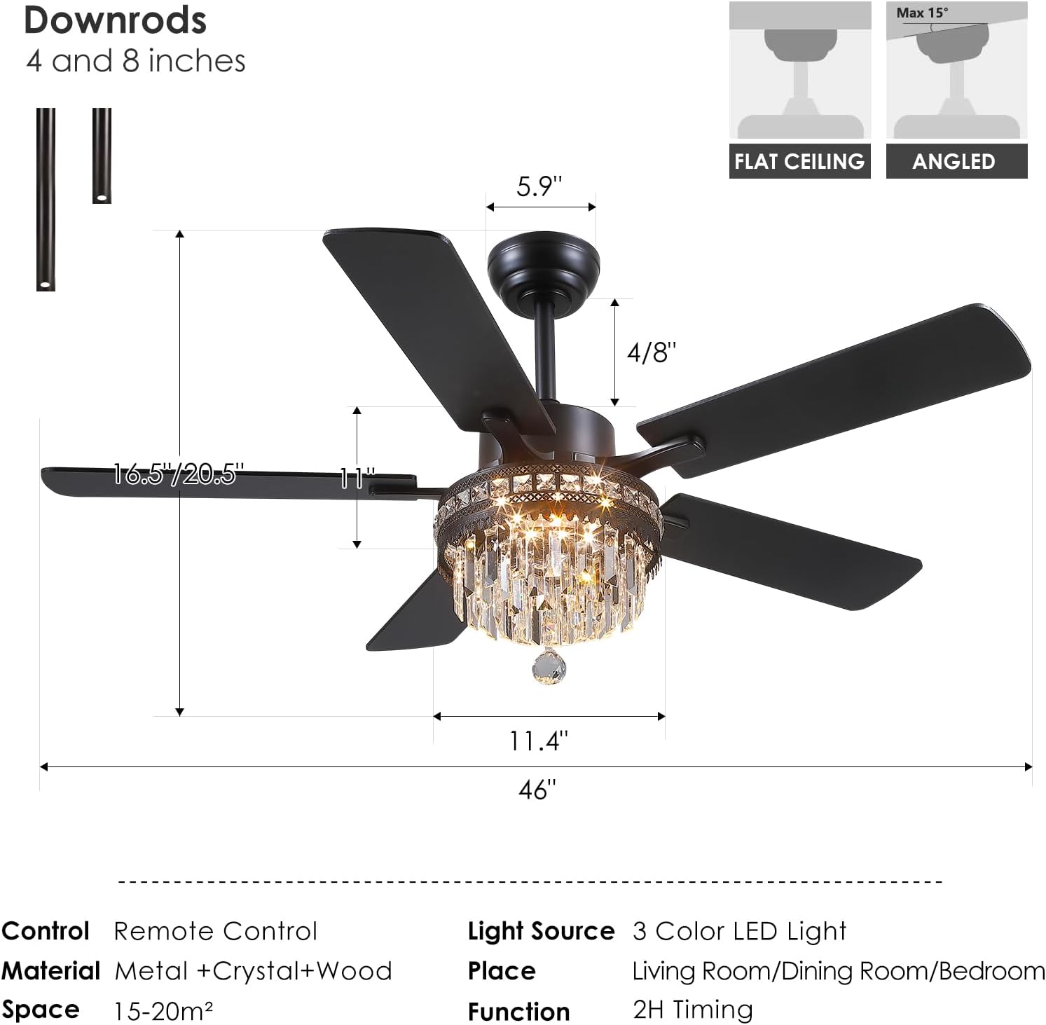 Asyko Crystal Ceiling Fan Fandelier with Lights - 46' Crystal Ceiling Fans with Noiseless DC Motor, Retro/Farmhouse Lighting, Dining Room,Living Room