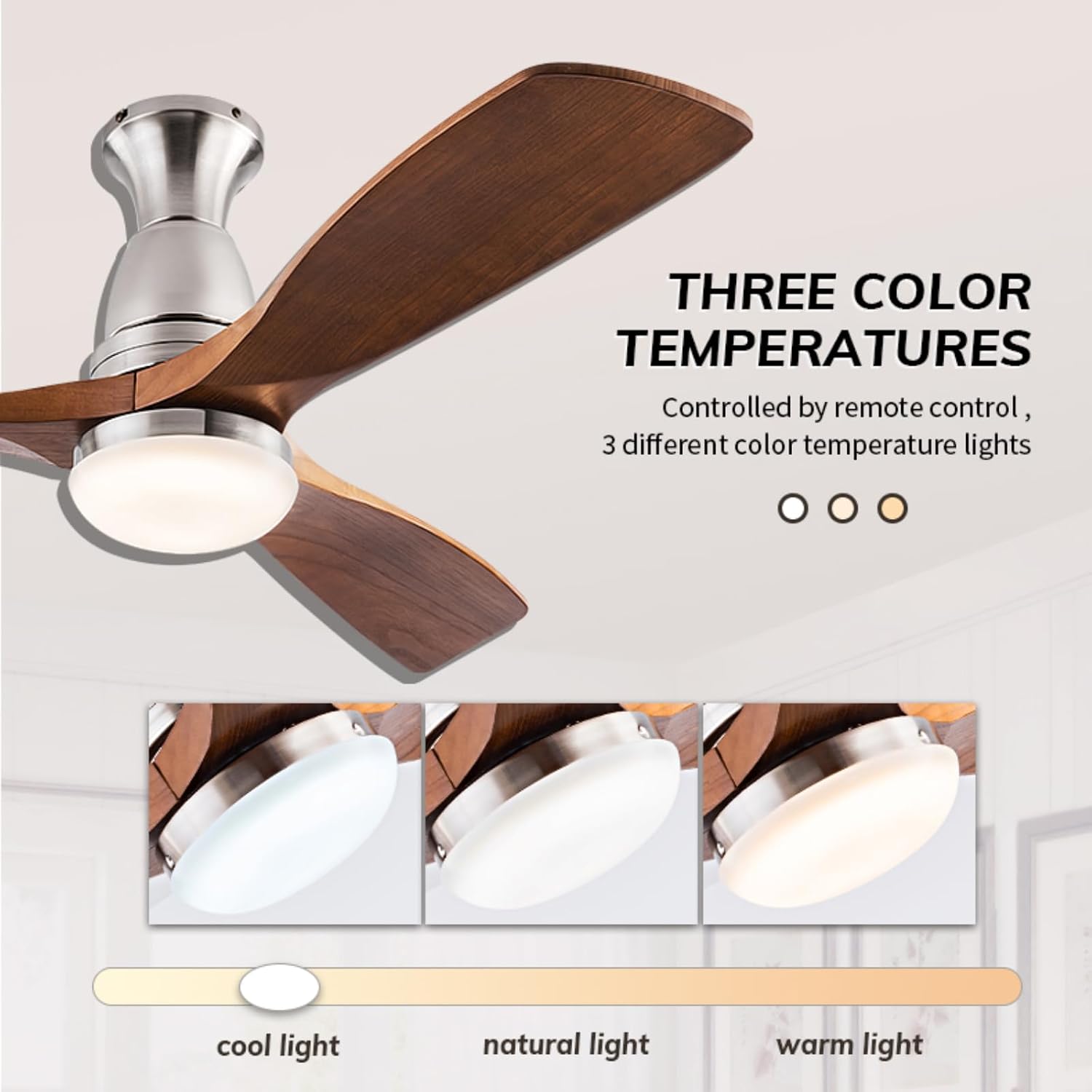 Solid Wood Ceiling Fan with Lights Modern Indoor Outdoor Ceiling Fan with Remote Control 6 Speed Quiet Reversible DC Motor 3 Color LED Light 3 Blade Walnut Ceiling Fan for Patio Living Room (42inch)