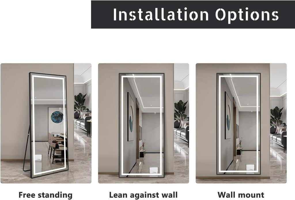 65x22 inch Framed Led Mirror for Wall Color Changing Free Standing Full Length Mirror
