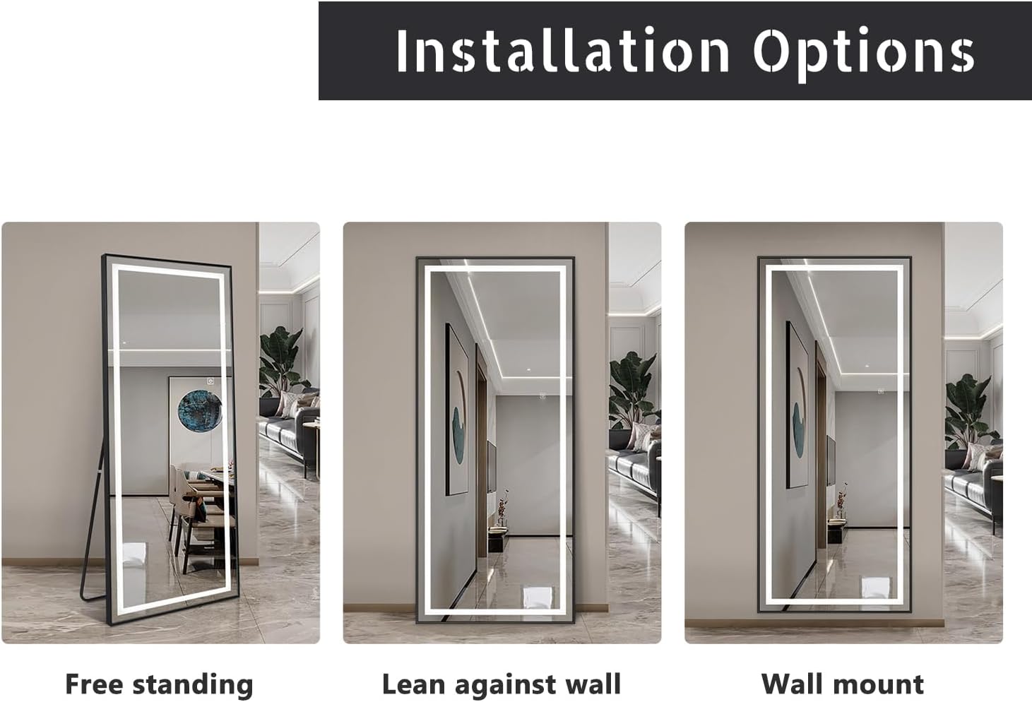 65x22 inch Framed Led Mirror for Wall Color Changing Free Standing Full Length Mirror