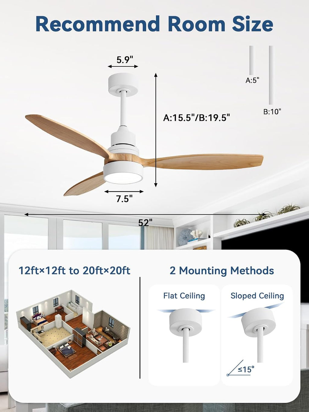 Sofucor Ceiling Fan with Lights, 52 Inch Modern Wood Ceiling Fan with Remote for Indoor Farmhouse Bedroom Living Room Outdoor Patio Porch, Reversible DC Motor, Noiseless