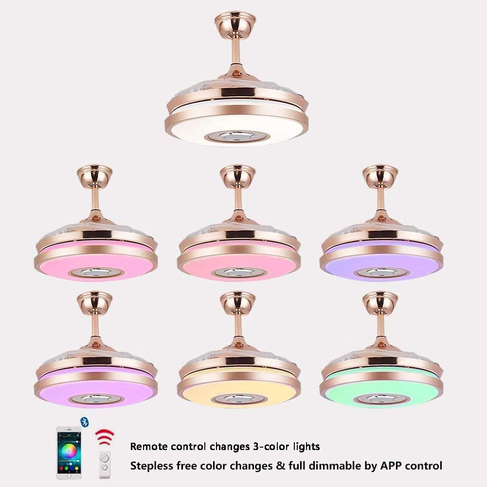 42' Modern Smart Bluetooth Ceiling Fans with Lights and Remote Control, Rose Gold Retractable Chandelier Fan Lighting with Speaker Play Music 7 Colorful Dimmable Fixture for Living Room