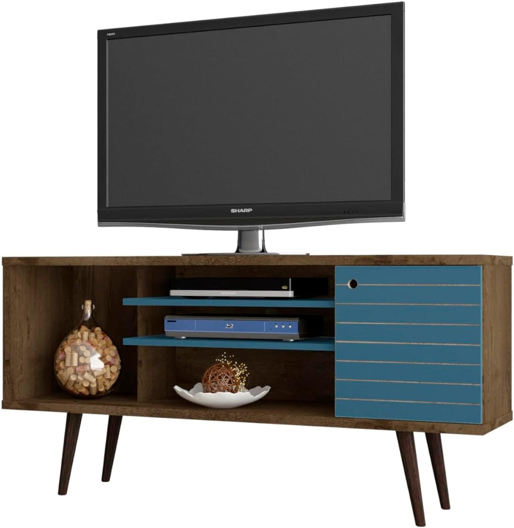 Manhattan Comfort Liberty Mid Century Modern TV Stand for Televisions up to 50 Inches, Bedroom and Living Room Entertainment Center with Storage, Shelves, and Cabinet, 53' Wide, Rustic Brown/Aqua