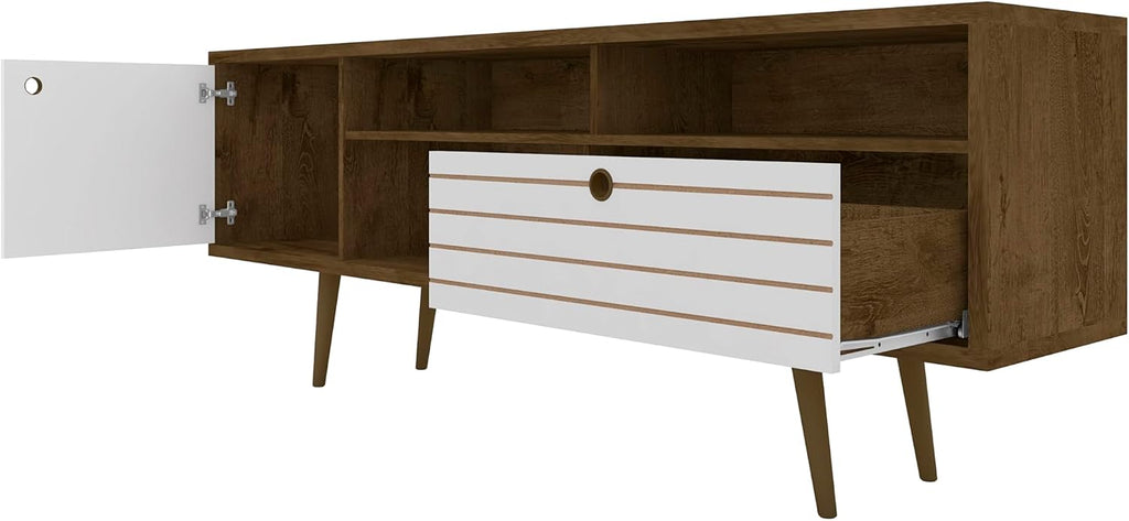 Manhattan Comfort Liberty Mid Century Modern TV Stand for Televisions up to 65 Inches, Bedroom and Living Room Entertainment Center with Storage, Shelves, and Cabinet, 71' Wide, Rustic Brown/White
