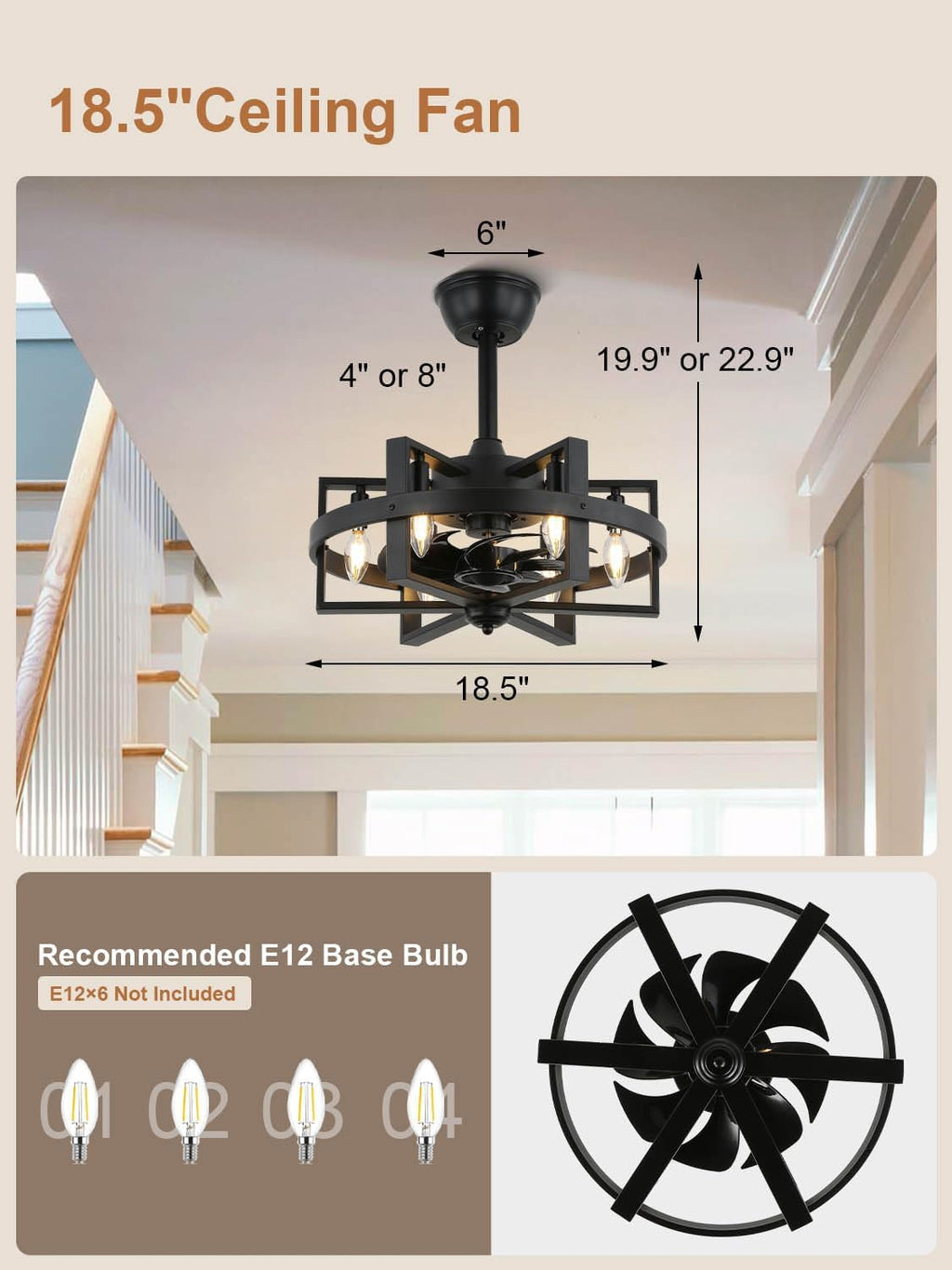 18.5 Inch 6-Lights Black Caged Ceiling Fan with Light, Retro Industrial Enclosed Modern Ceiling Fans with Remote Control, 3-Speed Farmhouse Ceiling Fan with Remote for Bedroom Living Room (Black)